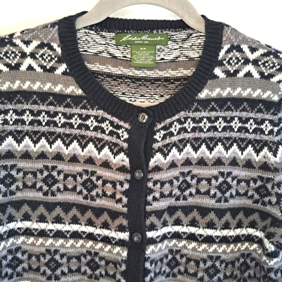 Eddie Bauer Nordic Print Black and White Button Down Crew Neck Cardigan Small - Picture 3 of 5